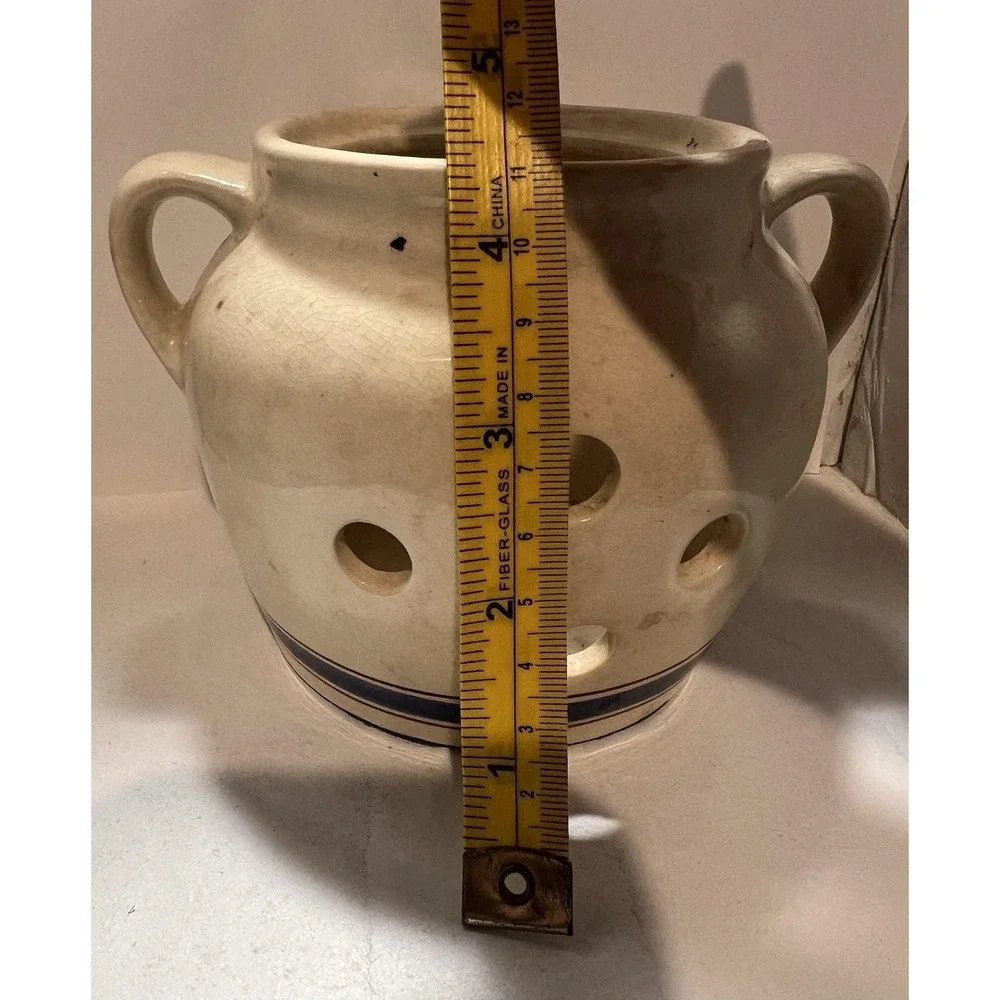 Vintage Lillian Vernon Garlic Keeper Crock Beige with Blue and Burgundy Stripes